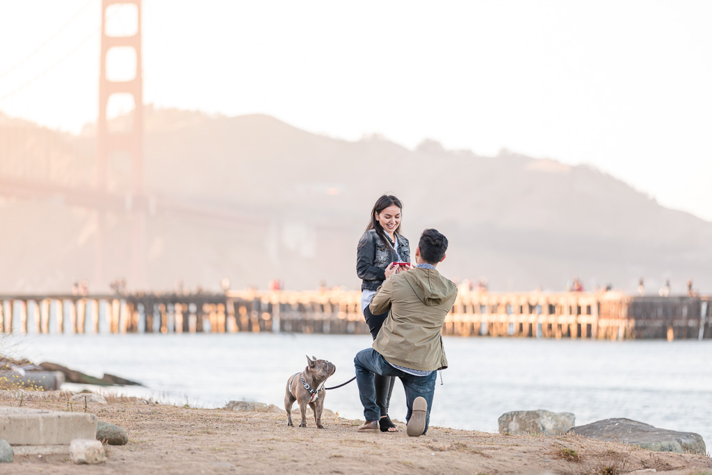surprise proposal at Crissy Field in front of the iconic Golden Gate Bridge