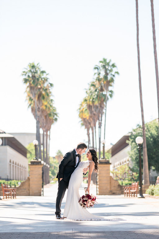 romantic Stanford campus wedding portrait