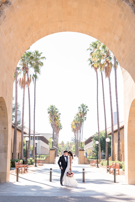 Stanford Memorial Church wedding portrait on campus