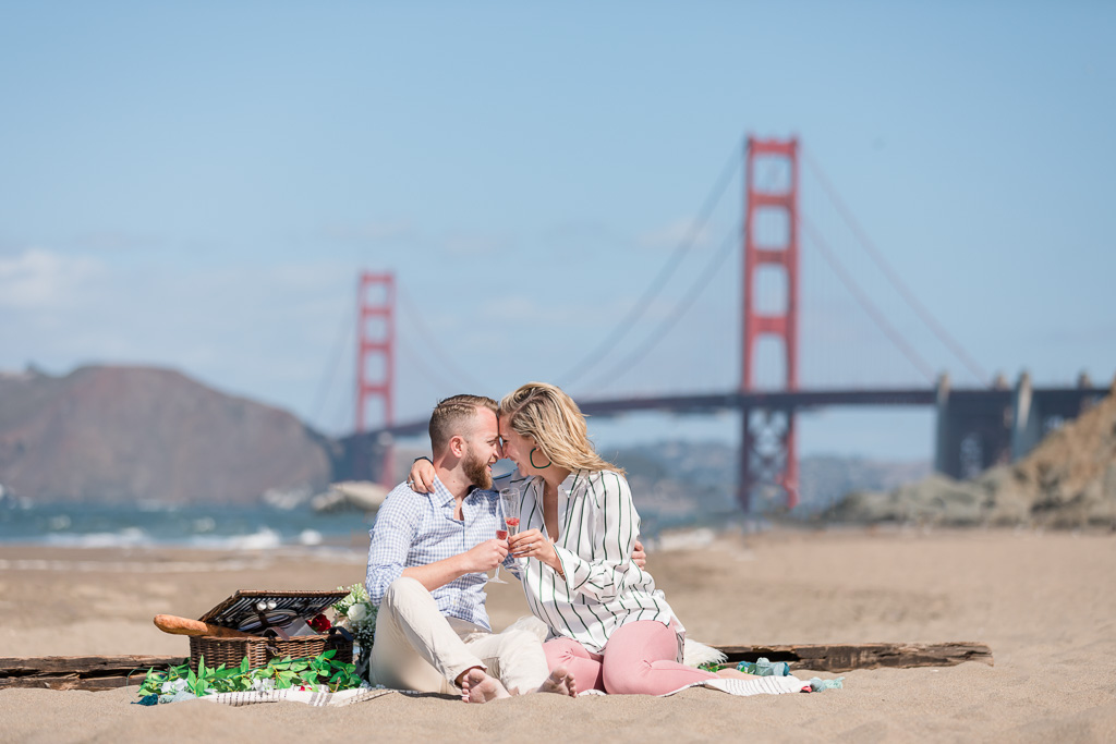 beautiful picnic engagement photo on San Francisco beach