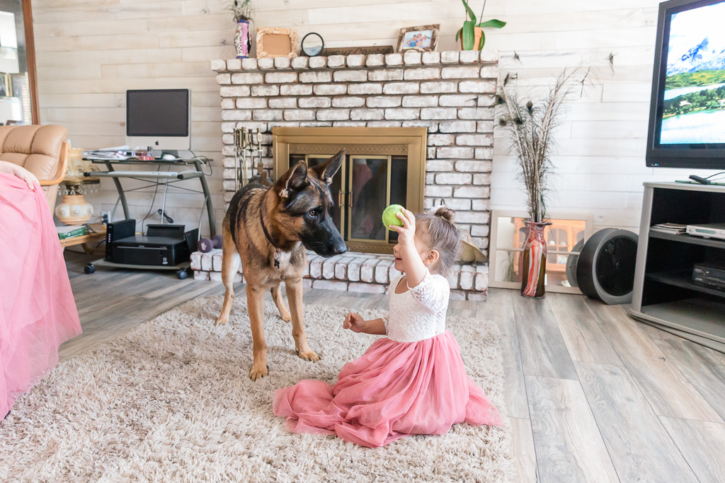 flower girl playing with the dog