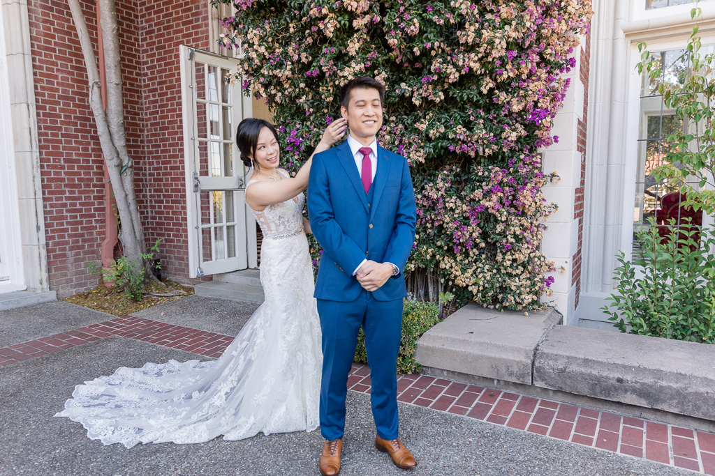 a cute wedding first look outside of the Bay Area mansion