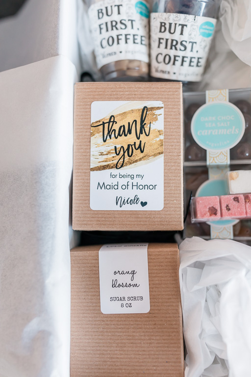 a box of thank you gifts for maid of honor