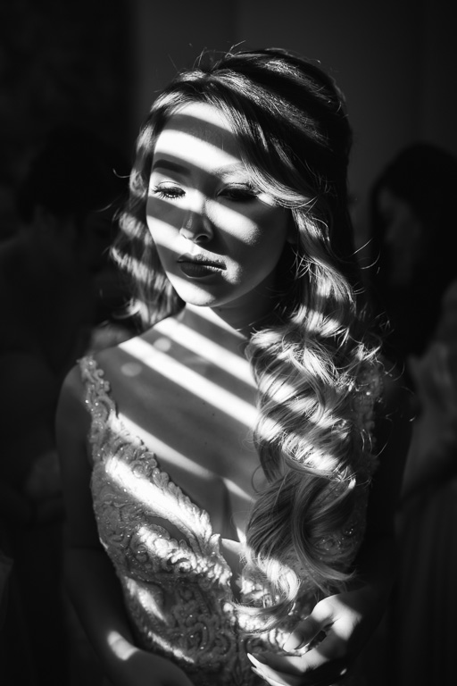 dramatic black and white bridal portrait with light and shadow