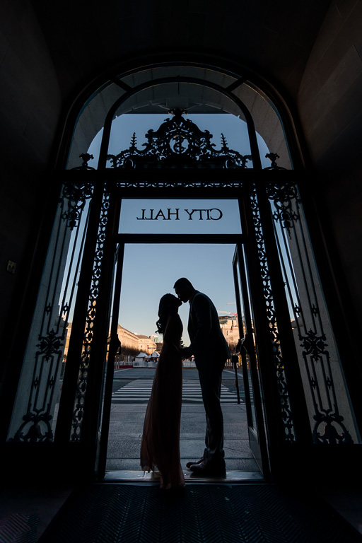 San Francisco city hall front gate couple silhouette