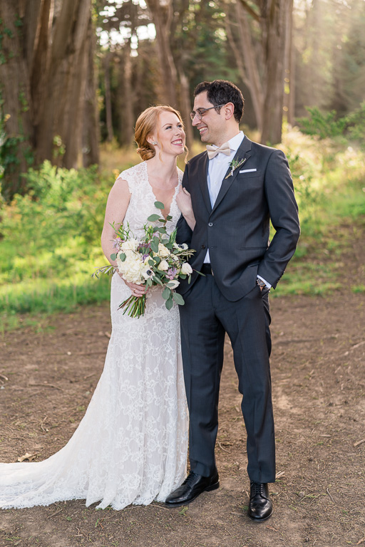 Presidio wedding in the woods with gorgeous sunlight shining through the trees