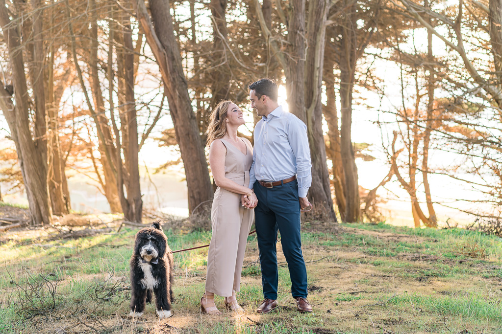 Bay Area engagement photo with puppy in the forest
