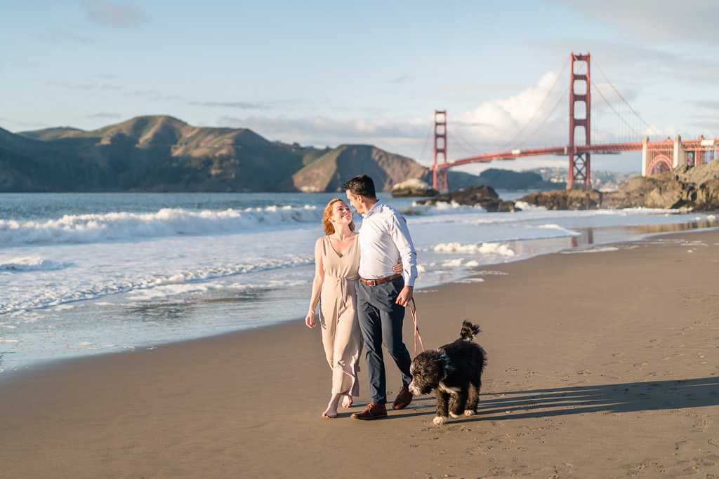 Golden Gate Bridge engagement photo on the beach with dog