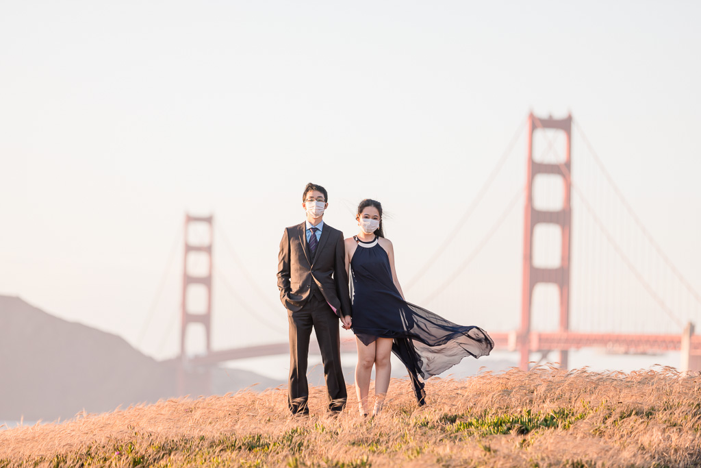 San Francisco engagement photo with face masks during COVID-19 outbreak