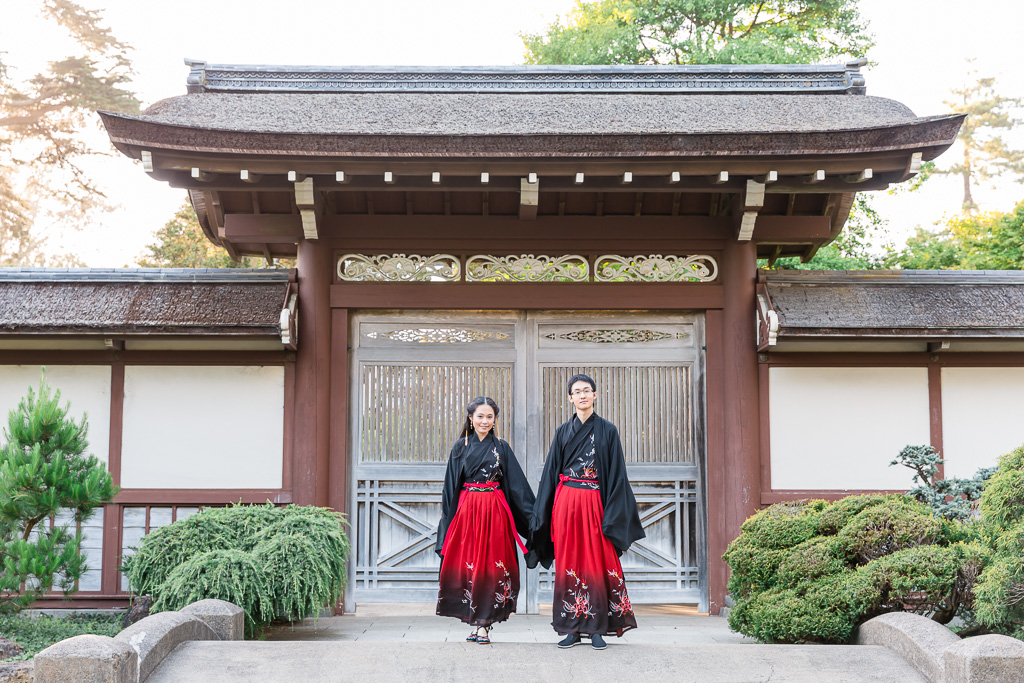Golden Gate Park engagement couple portrait with traditional outfit