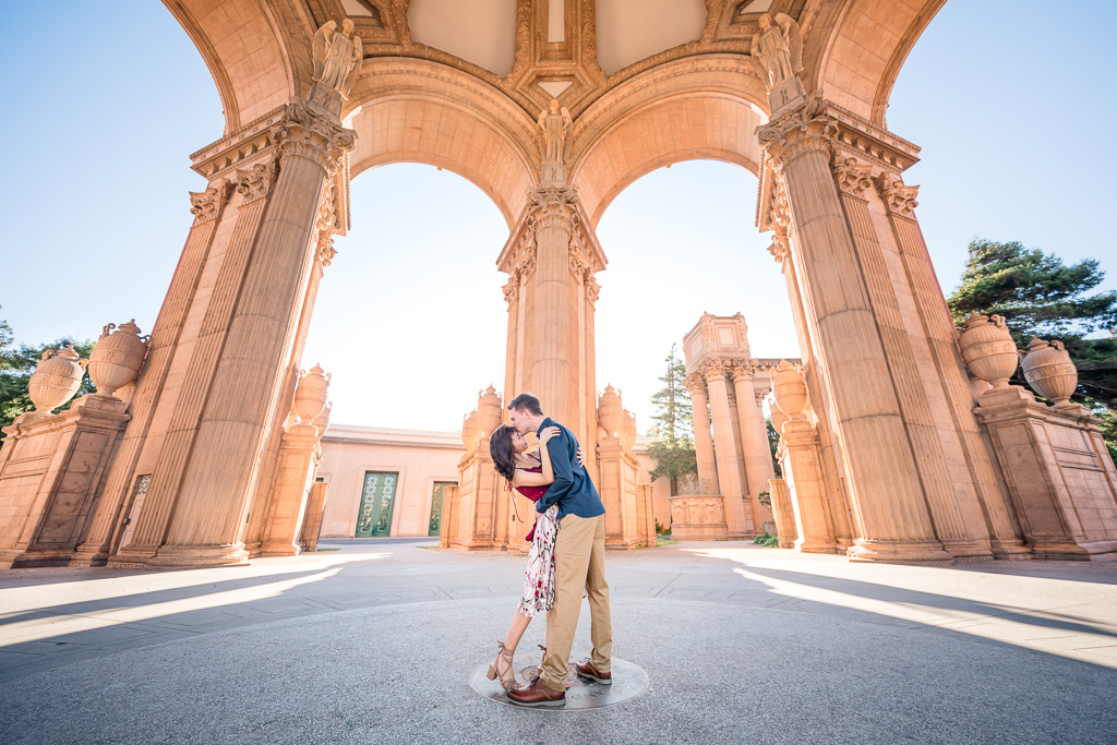 Palace of Fine Arts engagement photo under the dome