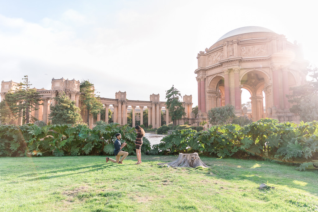 surprise engagement in front of Palace of Fine Arts