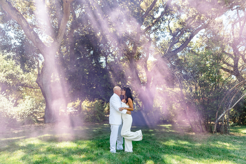smoke bomb with god rays wedding photo at Gardener Ranch