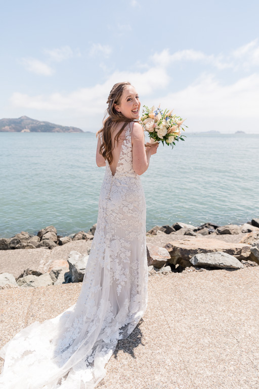 beautiful bride at Sausalito bridgeway