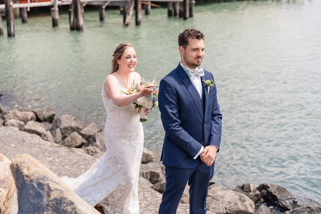wedding first look at Sausalito waterfront