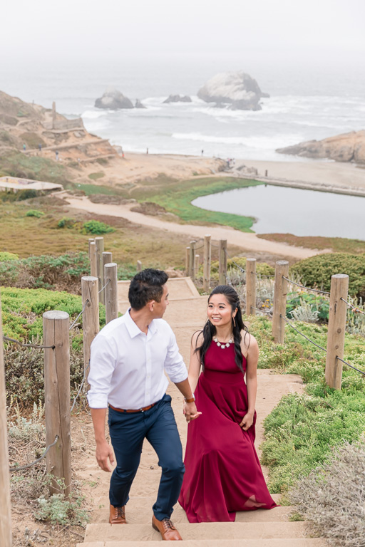 Sutro Baths stairs engagement photos on a foggy day