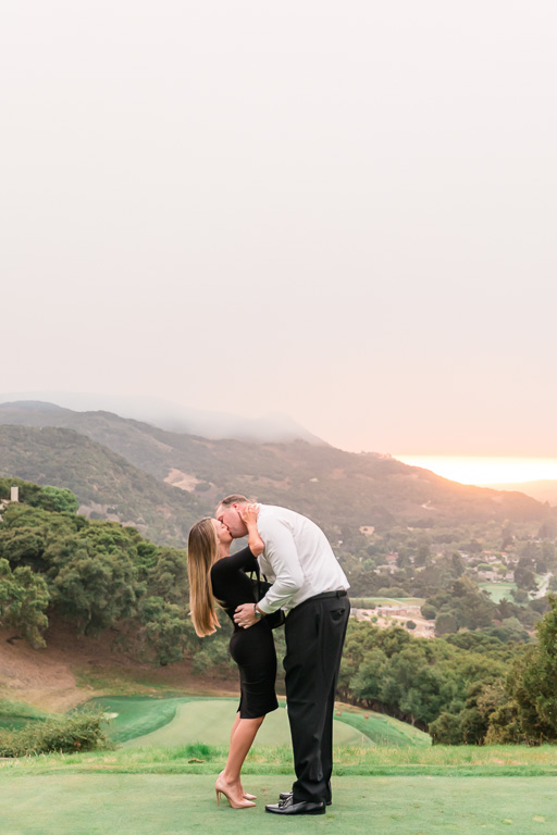 Carmel Valley Ranch engagement photo with California wildfire smoke in sky