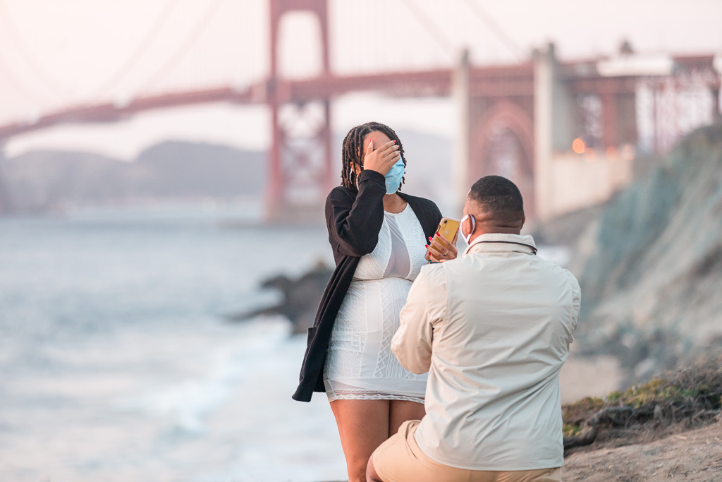 San Francisco surprise engagement proposal with a mask