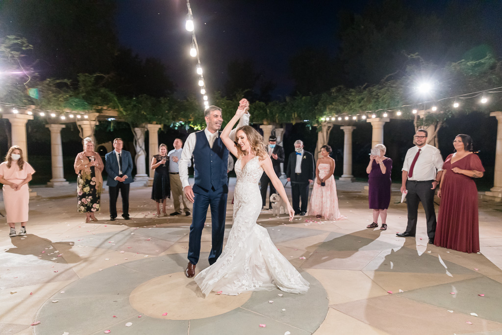 outdoor first dance at The Club at Ruby Hill with string lights