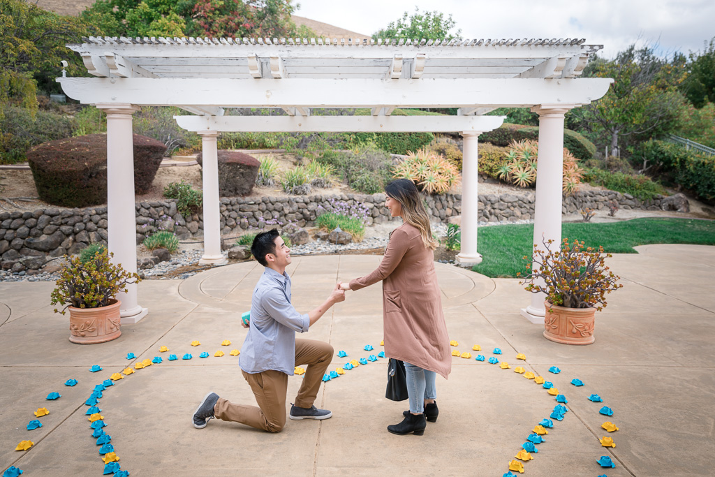 marriage proposal inside paper flower heart on the ground