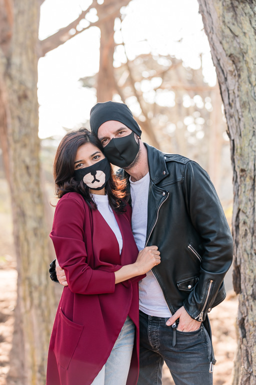covid mask engagement photo in the trees
