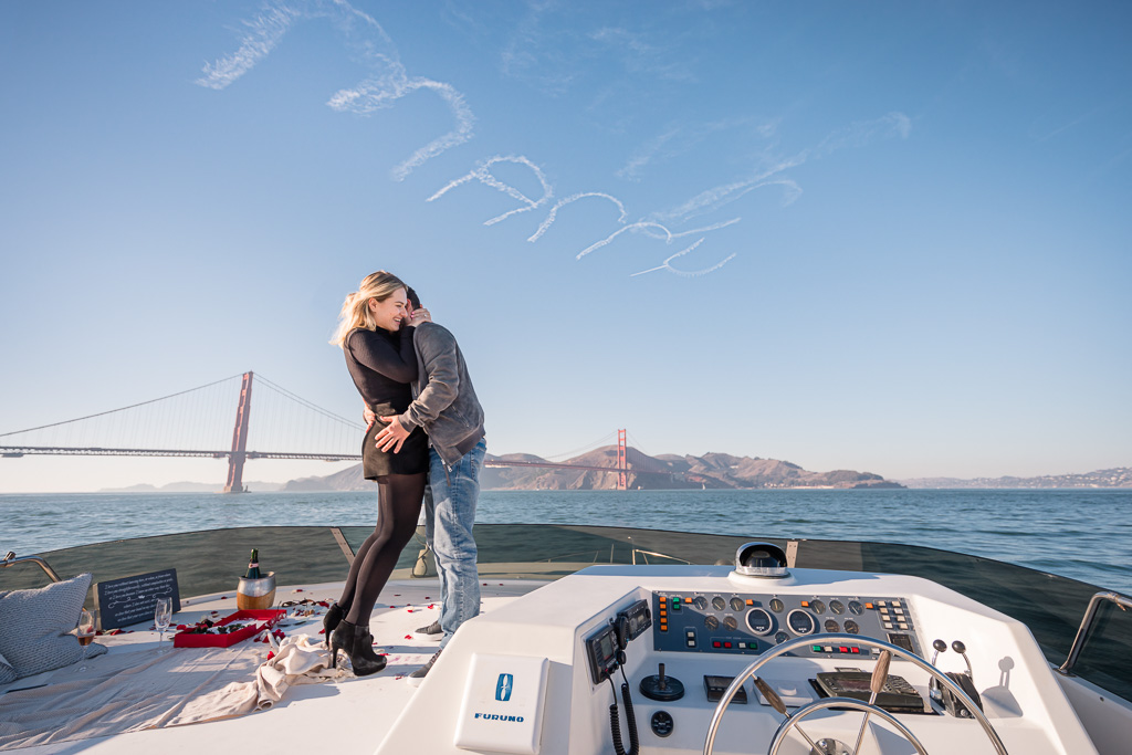 skywriting engagement photos with couple under 