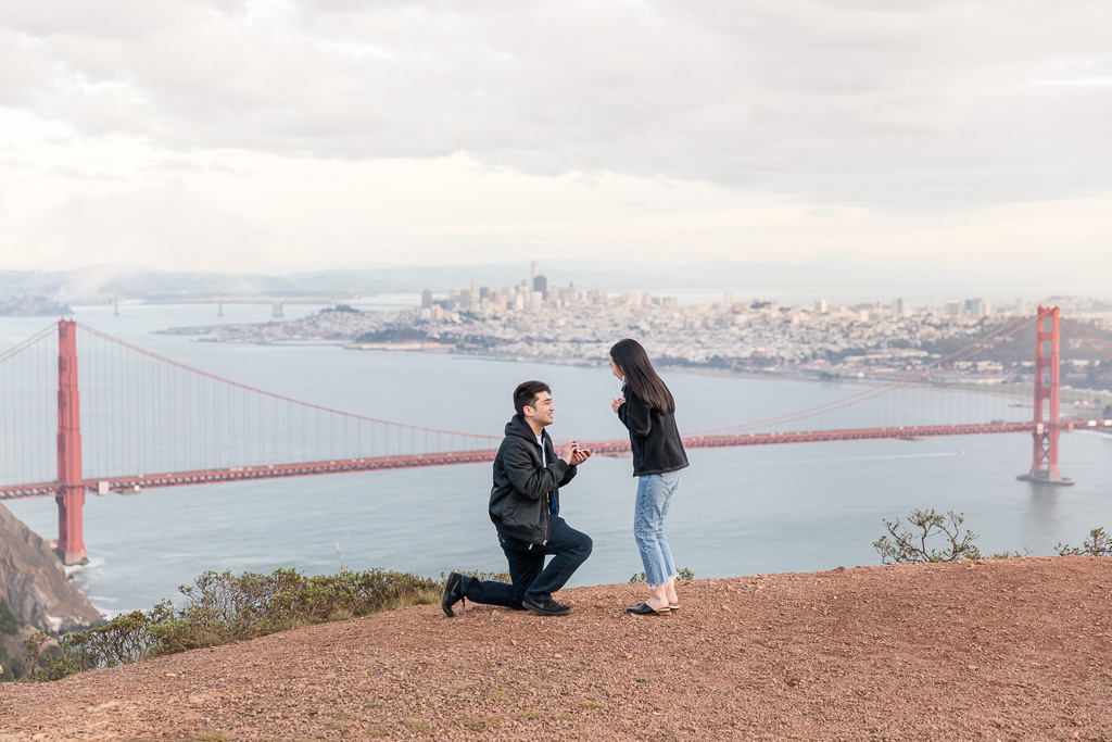 Hawk Hill surprise proposal overlooking San Francisco and Golden Gate Bridge