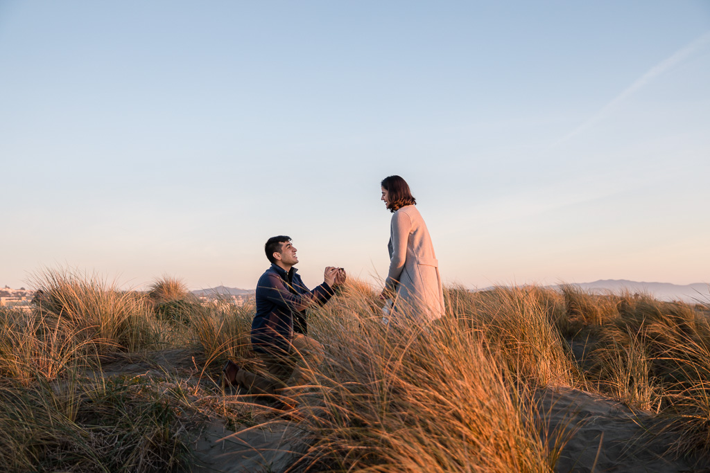 surprise proposal on the sand dunes with grass