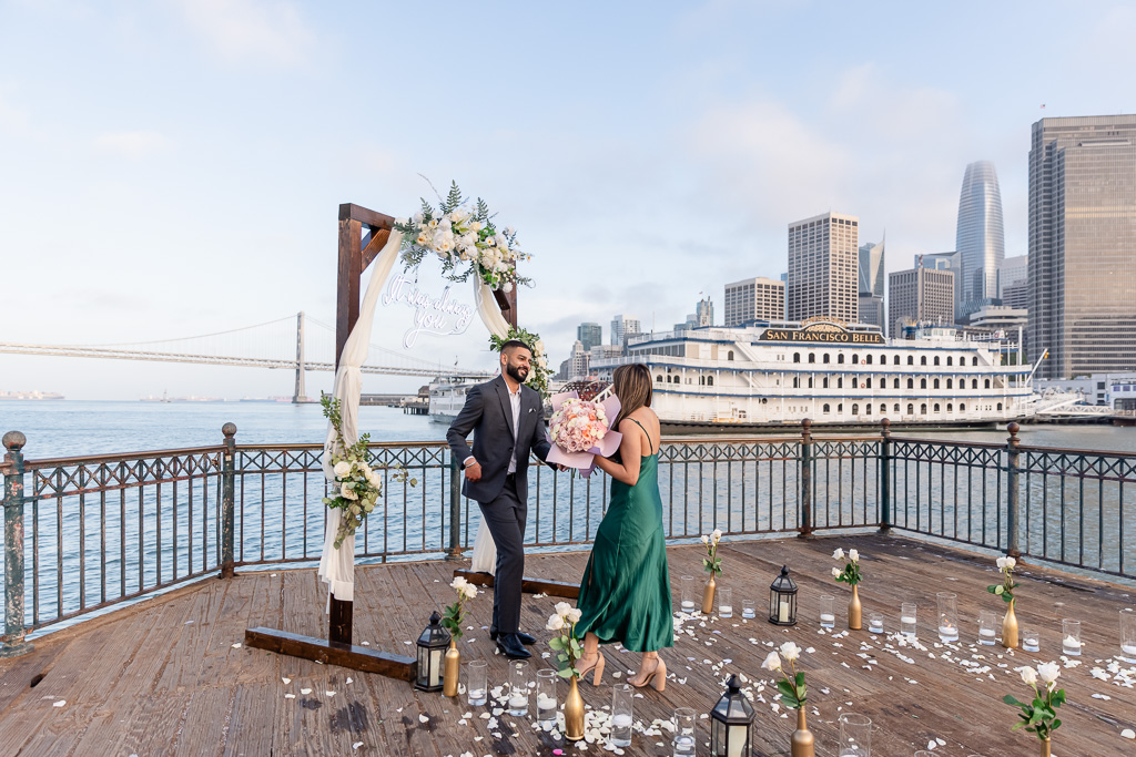 elaborate surprise proposal setup at San Francisco pier 7