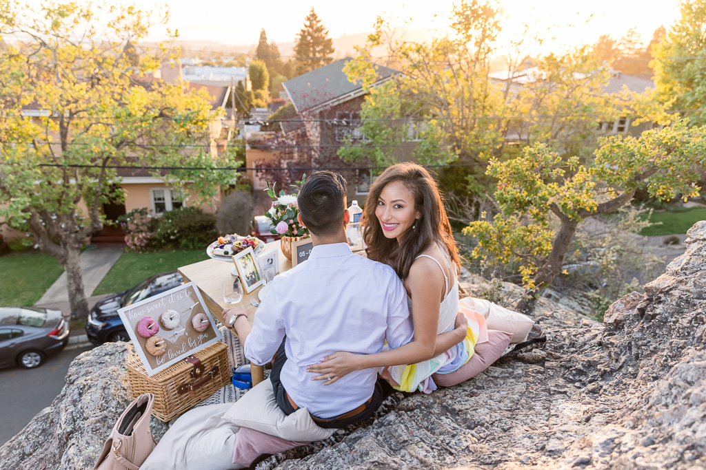 romantic picnic surprise proposal at sunset in Berkeley