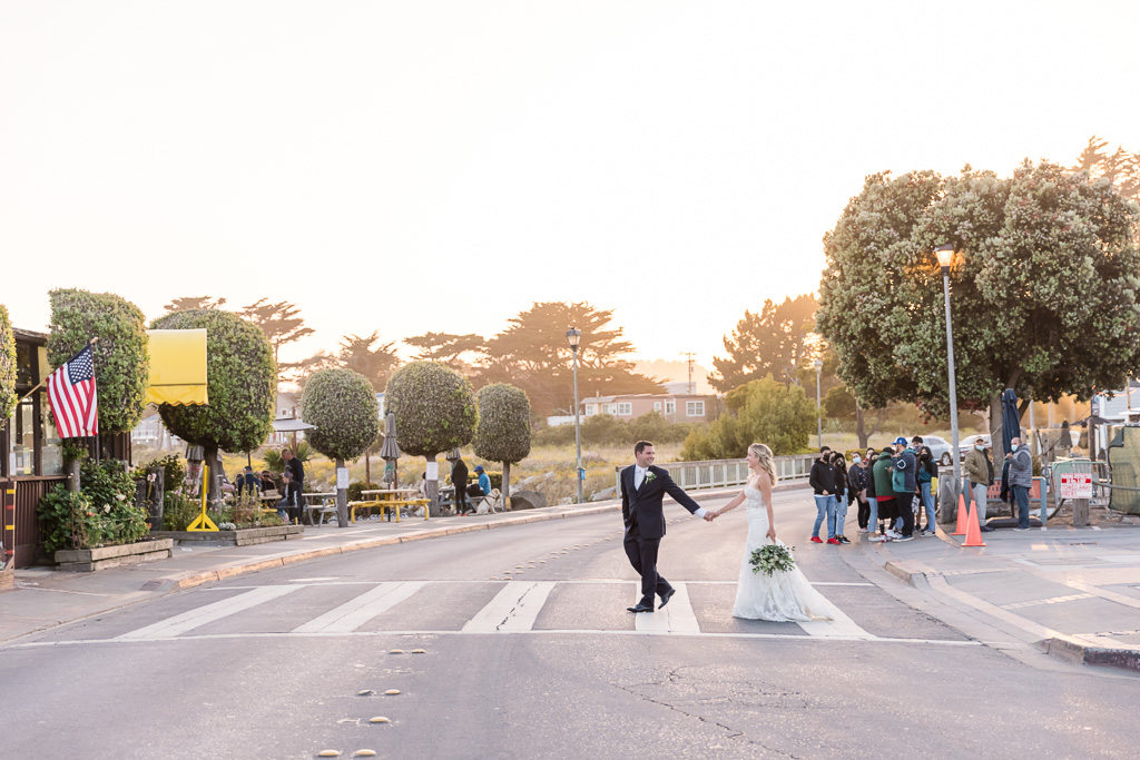 bride and groom urban crosswalk wedding photo at Barbara’s Fishtrap in Half Moon Bay
