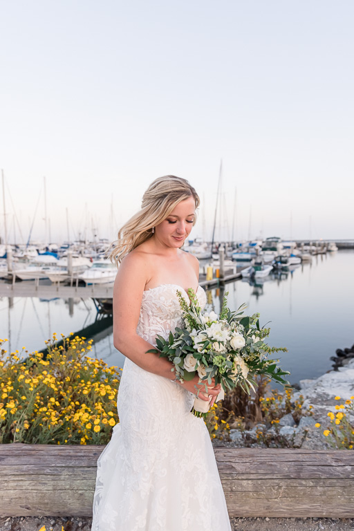 sunset wedding bridal portrait with floral bouquet