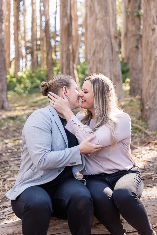 almost-kissing engagement photo sitting on a log