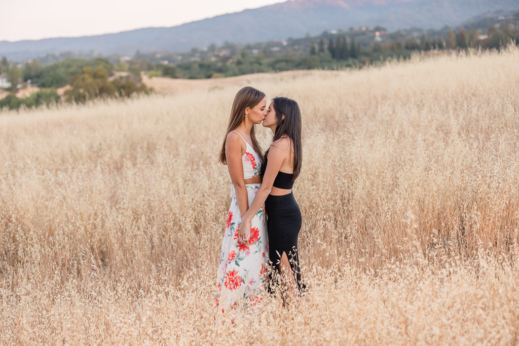 love is love engagement photo ideas in grassy field