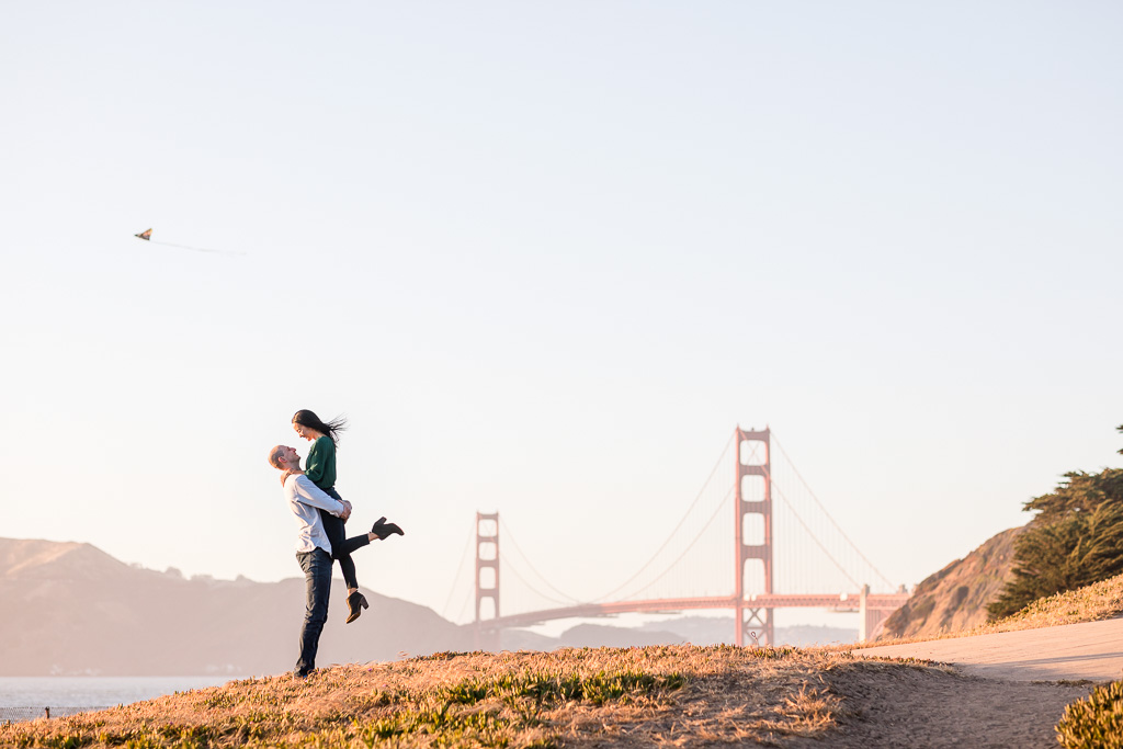 clean beautiful sunset engagement photo with Golden Gate Bridge