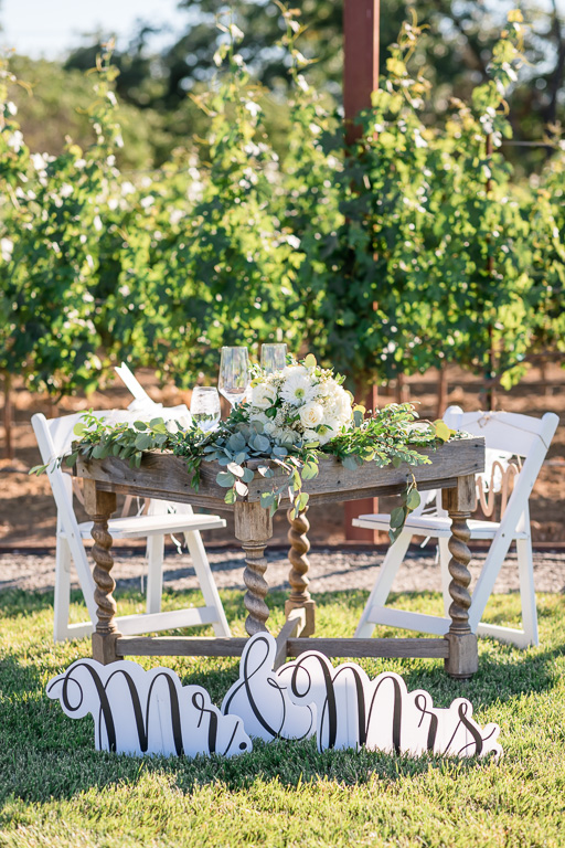 sweetheart table with Mr & Mrs sign