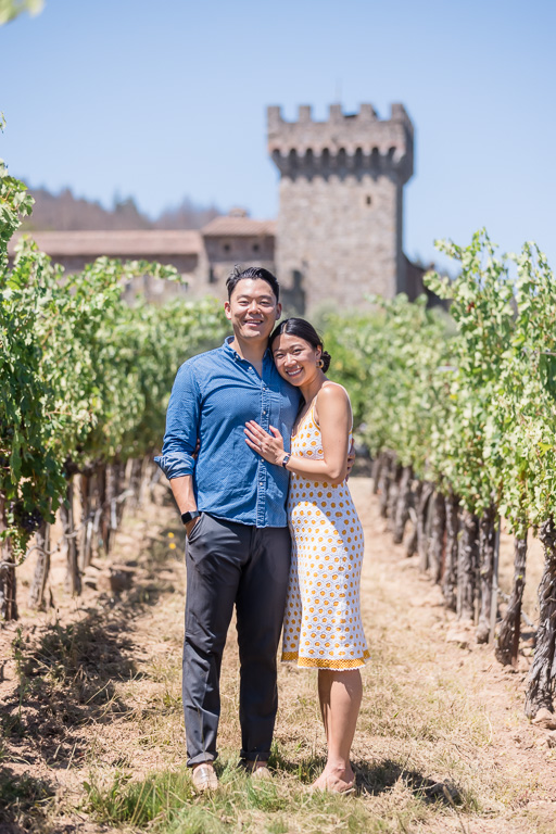 photo of couple at Castello di Amorosa vineyards