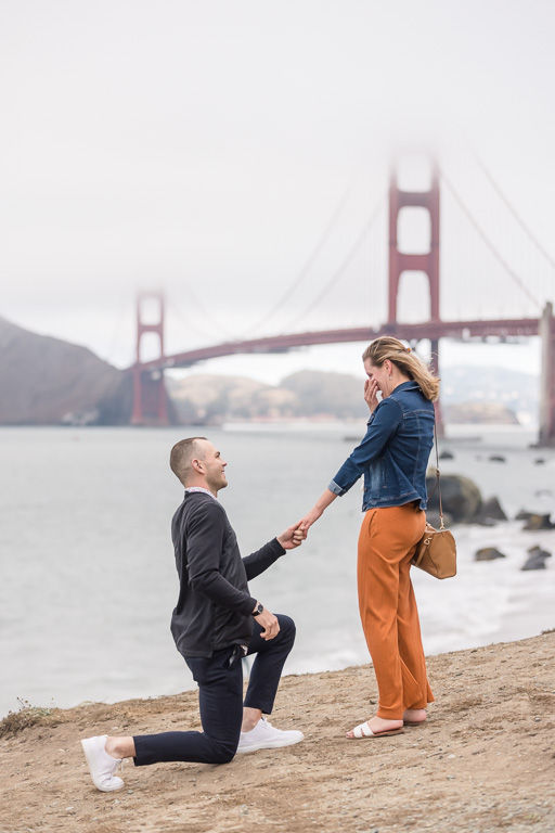 foggy Golden Gate Bridge proposal in a burnt orange dress