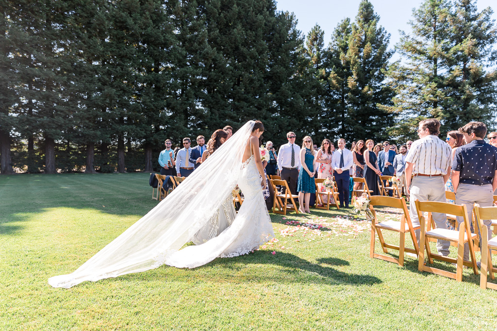 profile shot of beautiful bride entering ceremony at Trentadue Winery with a long veil