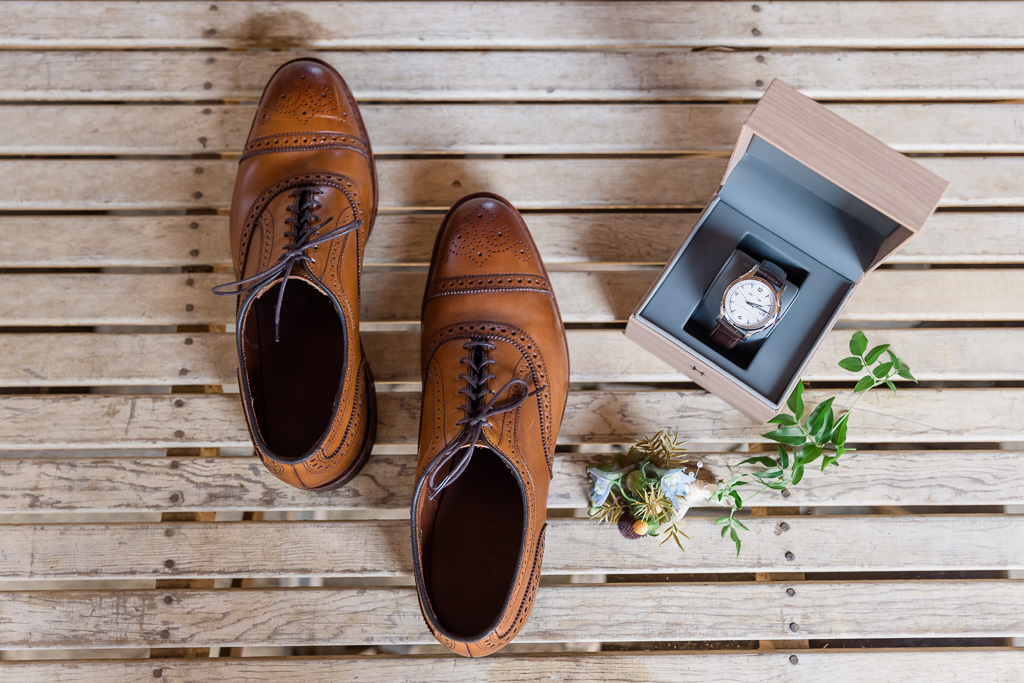 groom details wedding leather shoes and watch