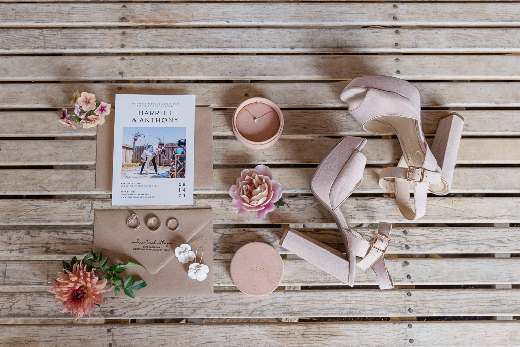 wedding details flat lay on wooden background