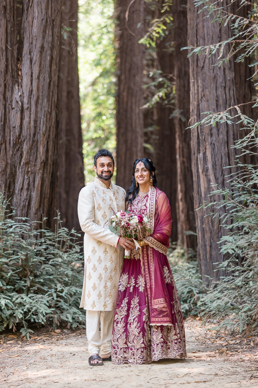 bride and groom in redwood forest