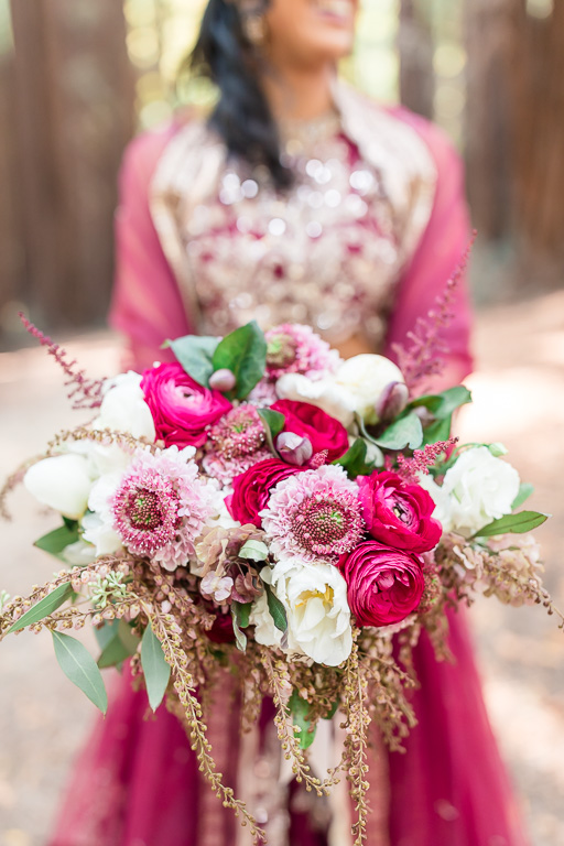 magenta wedding bouquet matching with burgundy wedding dress