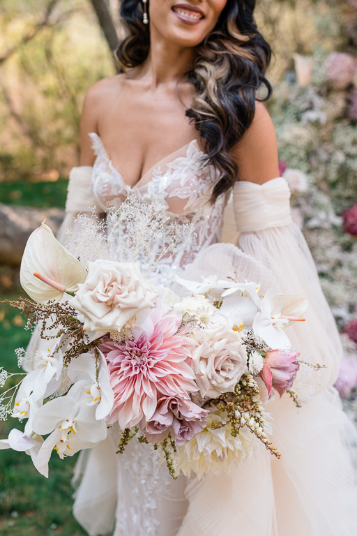 dreamy blush dahlia bouquet and luxury Galia Lahav gown