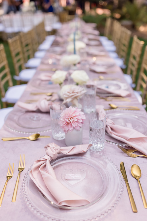 reception long table setup with transparent plates