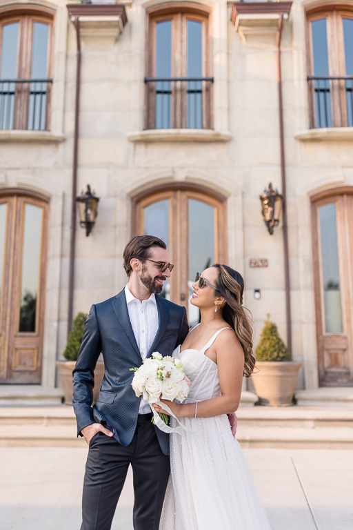 stylish bride and groom at Chateau di Ninis