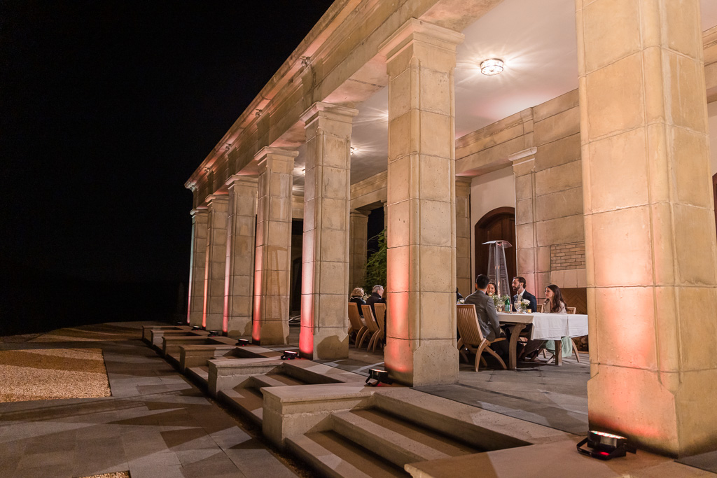 nighttime wedding reception at Chateau di Ninis outdoor pavilion