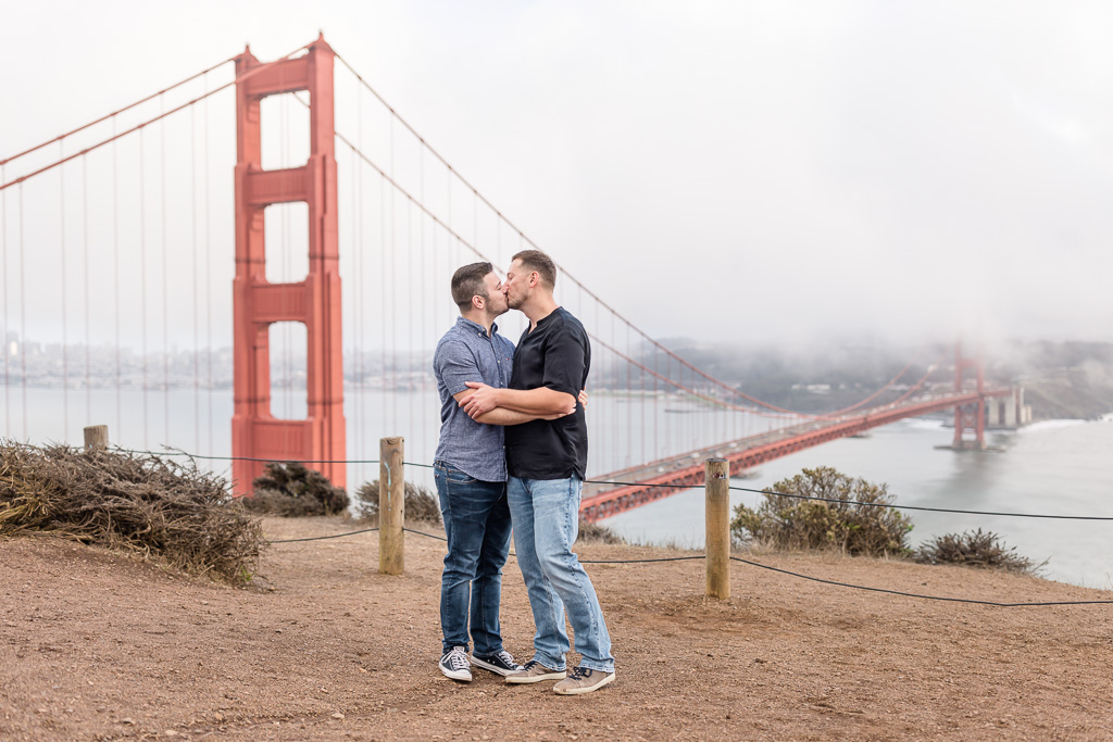 same-sex engagement photos at the Golden Gate Bridge