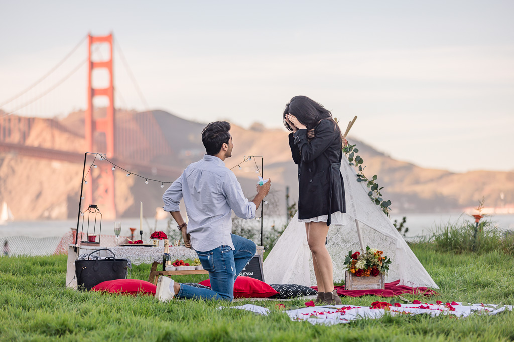 Golden Gate Bridge view Crissy Field picnic teepee surprise proposal