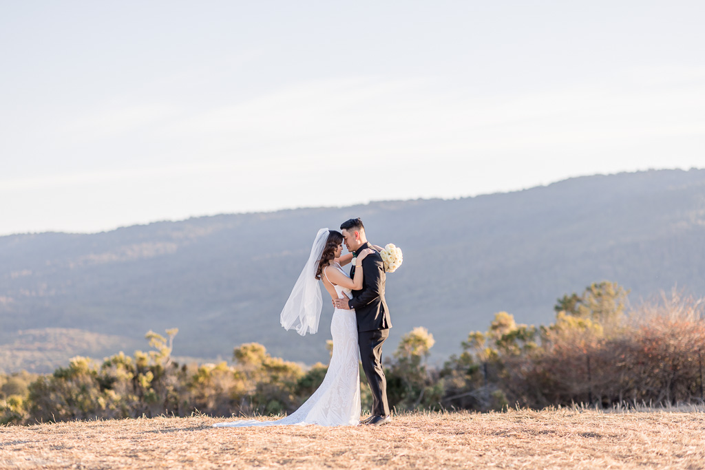 wedding portrait of couple in front of mountainscape in Bay Area near Skyline Blvd